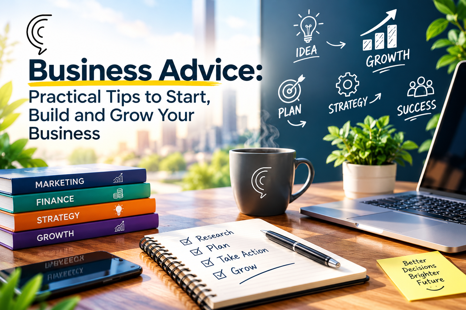 Business advice workspace illustrating planning, marketing, finance and business growth.